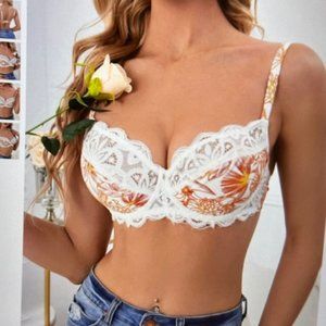 Brand New Floral Print Contrast Lace Scallop Trim Underwire Bra Various